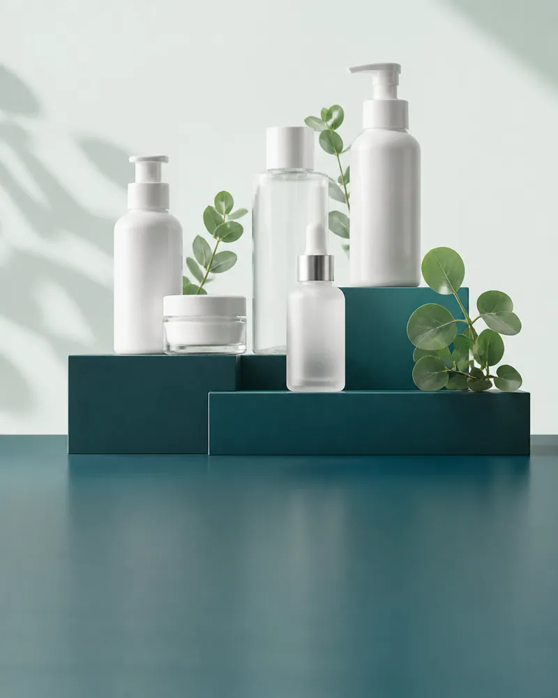 Unbranded skincare bottles, jars and a dropper serum on stepped teal plinths