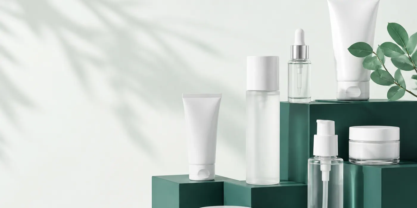 Unbranded skincare bottles, jars and a dropper serum on stepped teal plinths