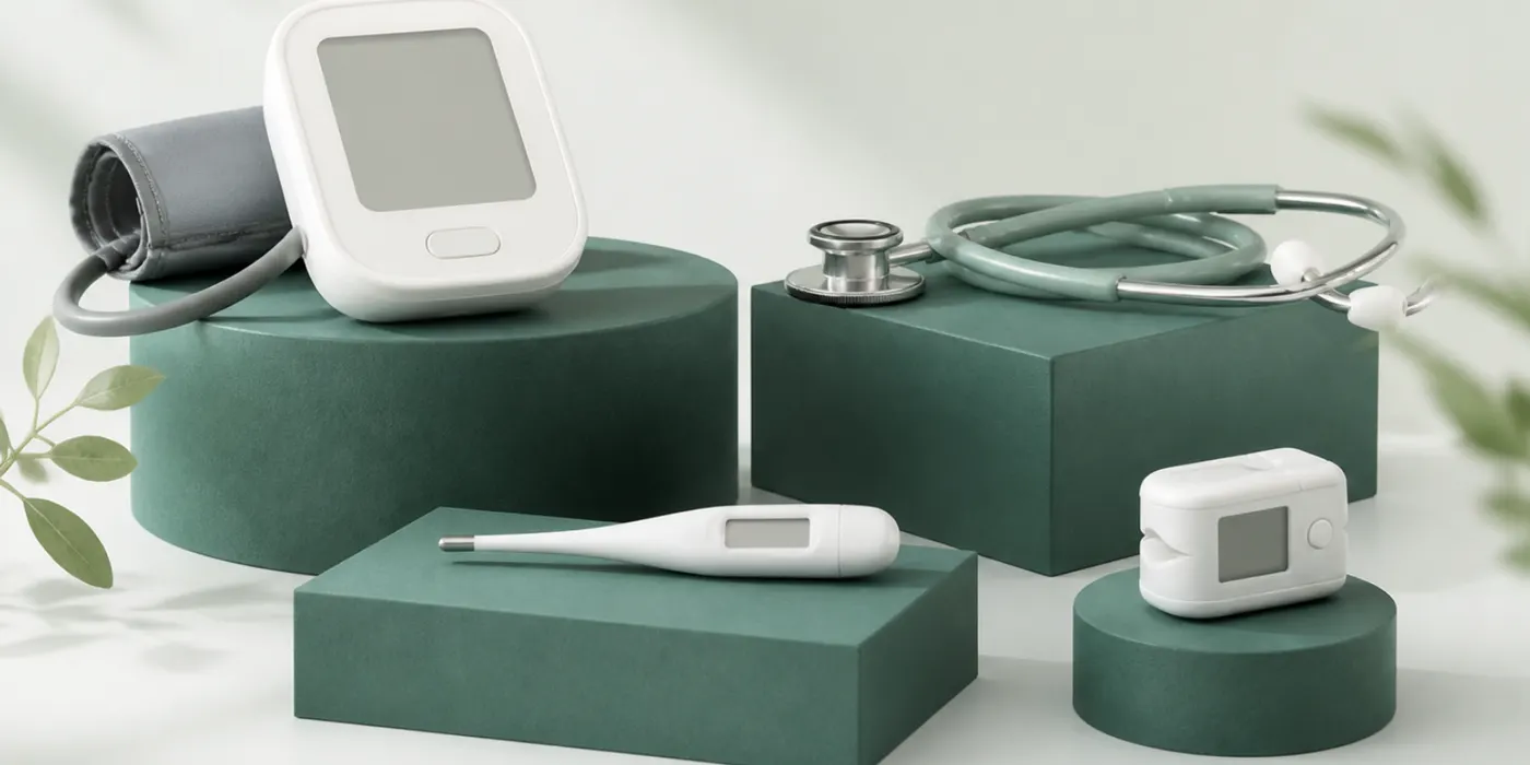 Blood pressure monitor, stethoscope, thermometer and pulse oximeter on teal plinths