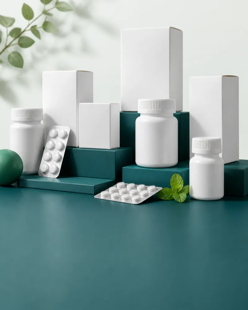 White medicine cartons, blister strips and pharmacy bottles on teal plinths