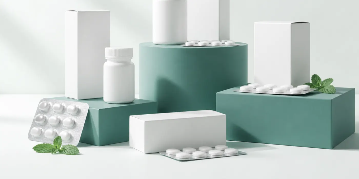 White medicine cartons, blister strips and pharmacy bottles on teal plinths