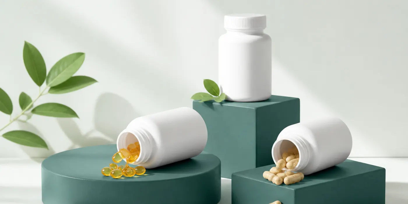 White supplement bottles with softgels and capsules spilling onto teal plinths