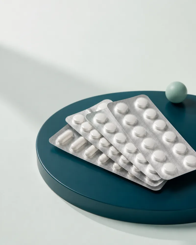Silver blister strips of white tablets on a teal plinth