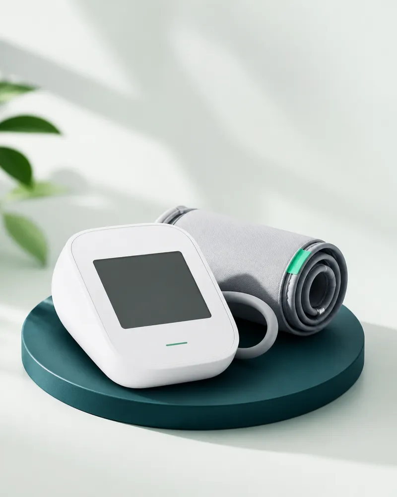 White digital blood pressure monitor with grey arm cuff on a teal plinth