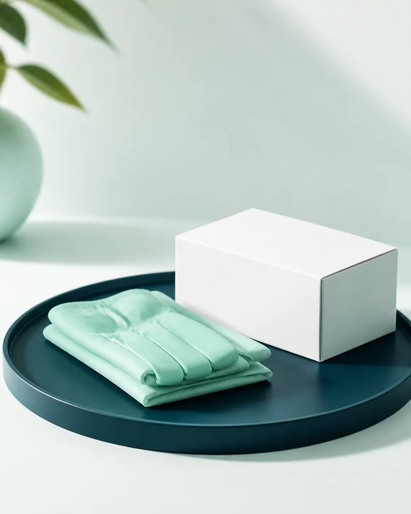Folded mint nitrile examination gloves and a white dispenser box on a teal tray