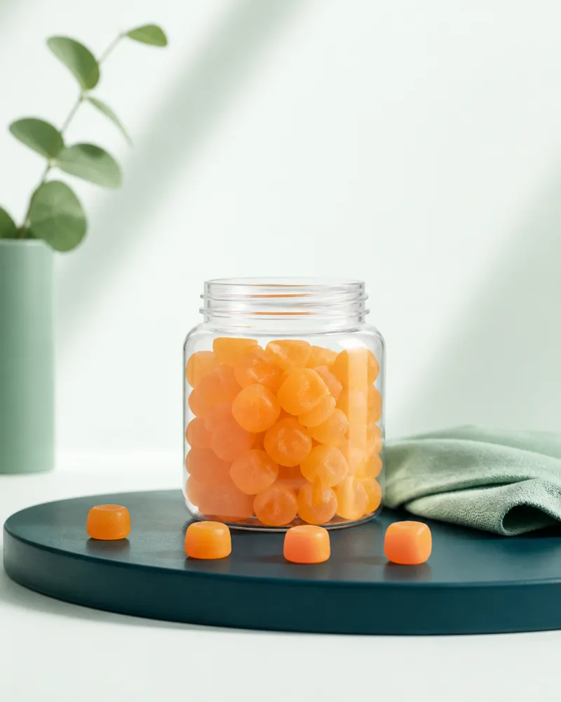 Open jar of orange vitamin gummies on a teal tray