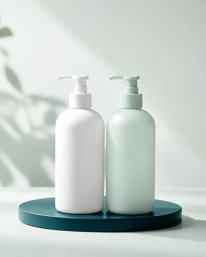 White and mint shampoo and conditioner pump bottles on a teal tray