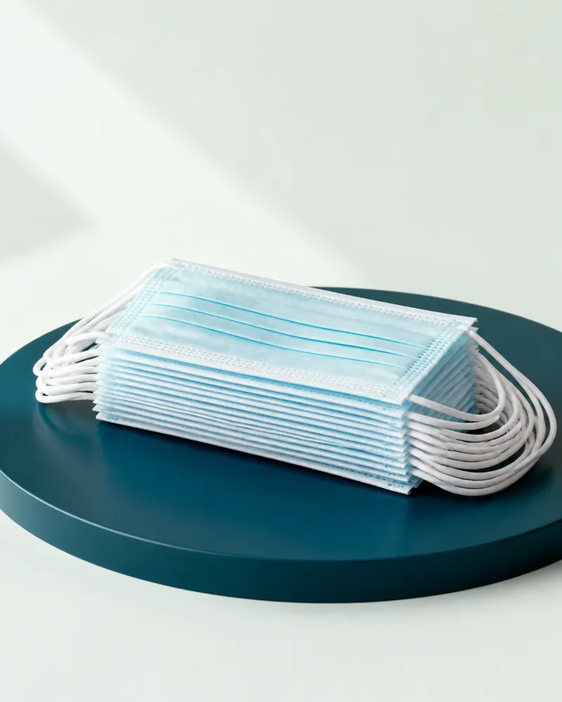 Stack of pale blue disposable surgical face masks on a teal plinth