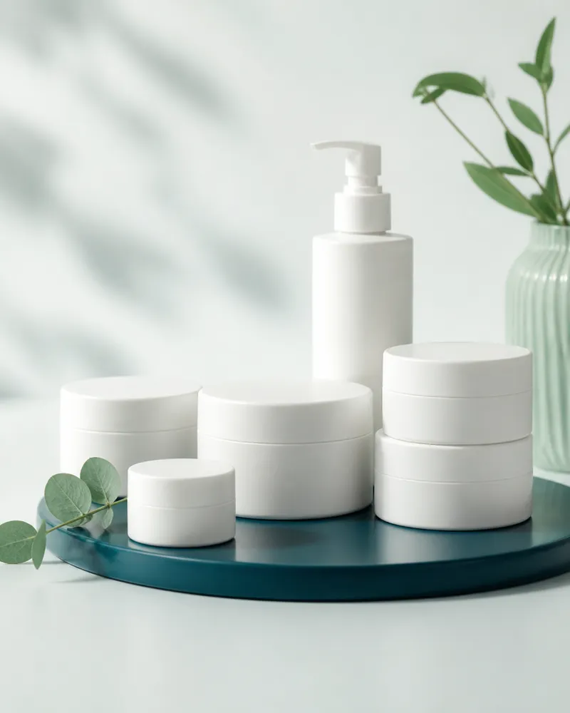 Set of matte white skincare jars and a pump bottle on a teal tray
