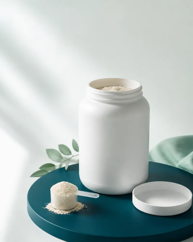 White protein powder tub with an open lid and a scoop on a teal plinth