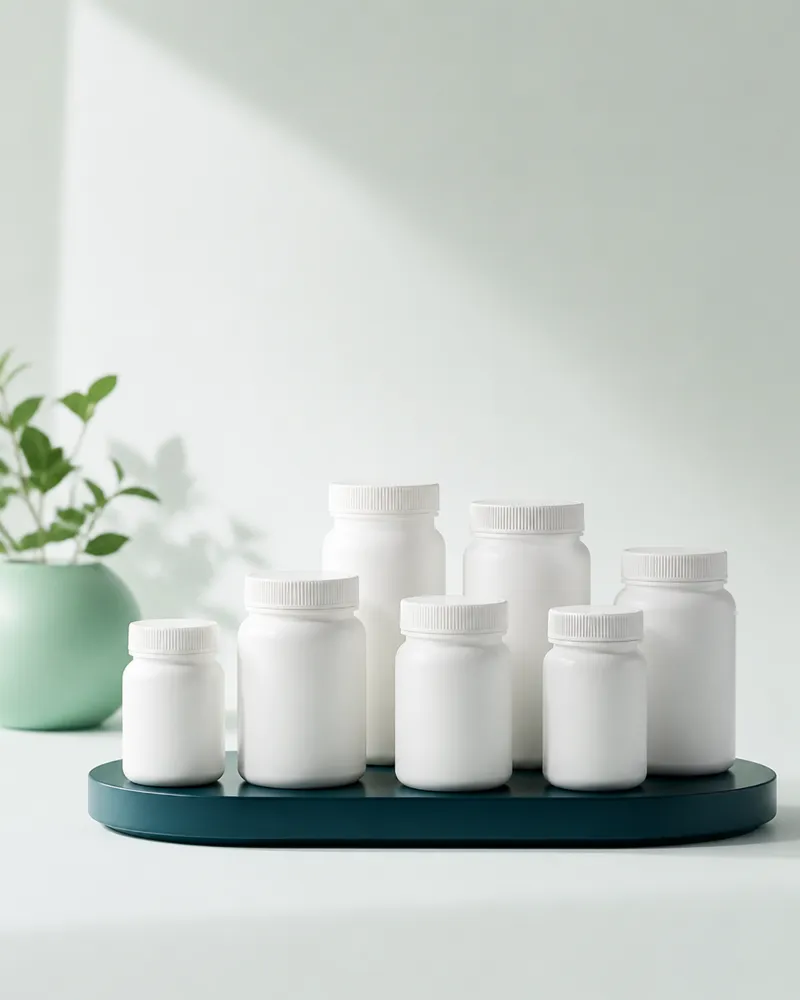 Rows of white pharmacy dispensing bottles on a teal tray