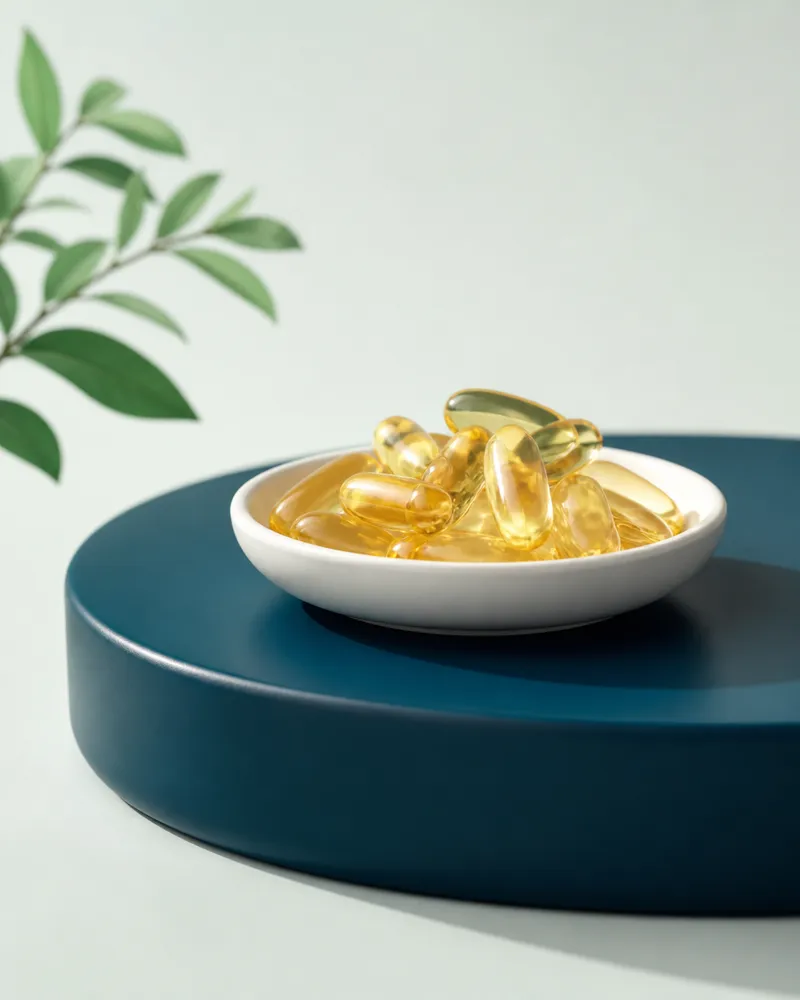 Golden omega-3 softgels in a white dish on a teal plinth