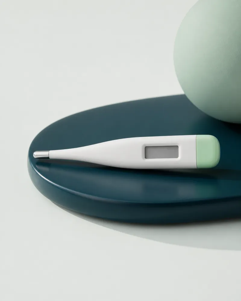 White digital stick thermometer on a teal plinth