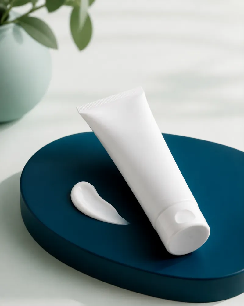 Unbranded white cream tube and a swatch of cream on a teal tray