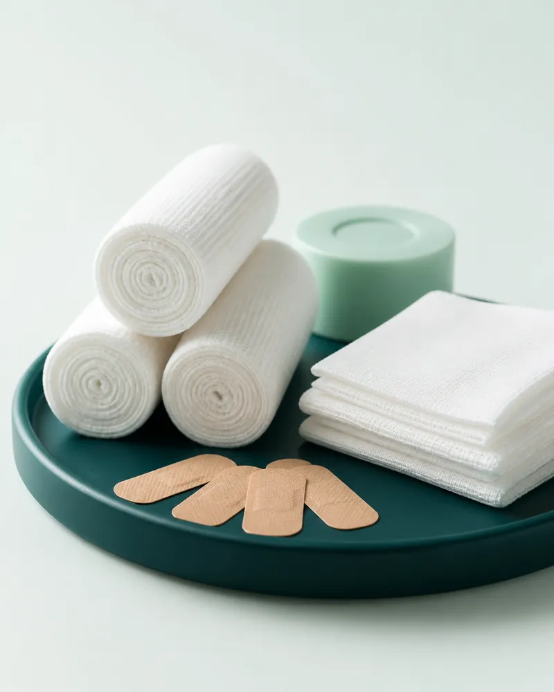 Gauze bandage rolls, plasters and sterile dressing pads on a teal tray