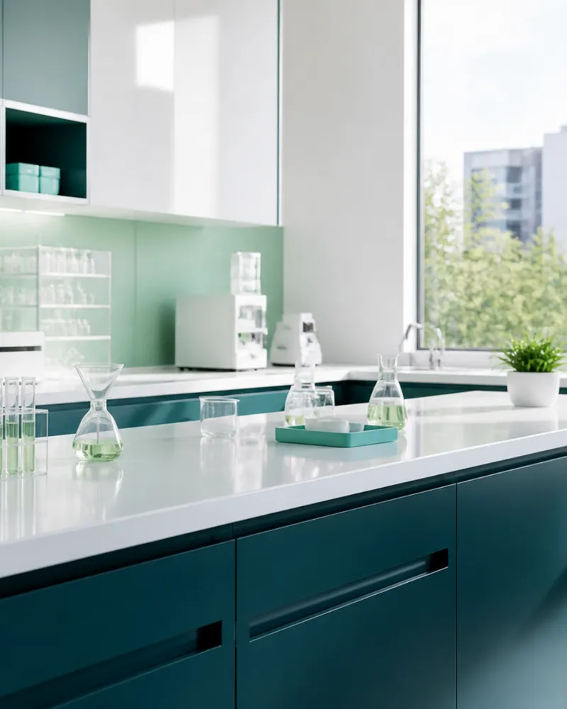 Clean quality-control laboratory bench with glassware, a microscope and teal cabinetry